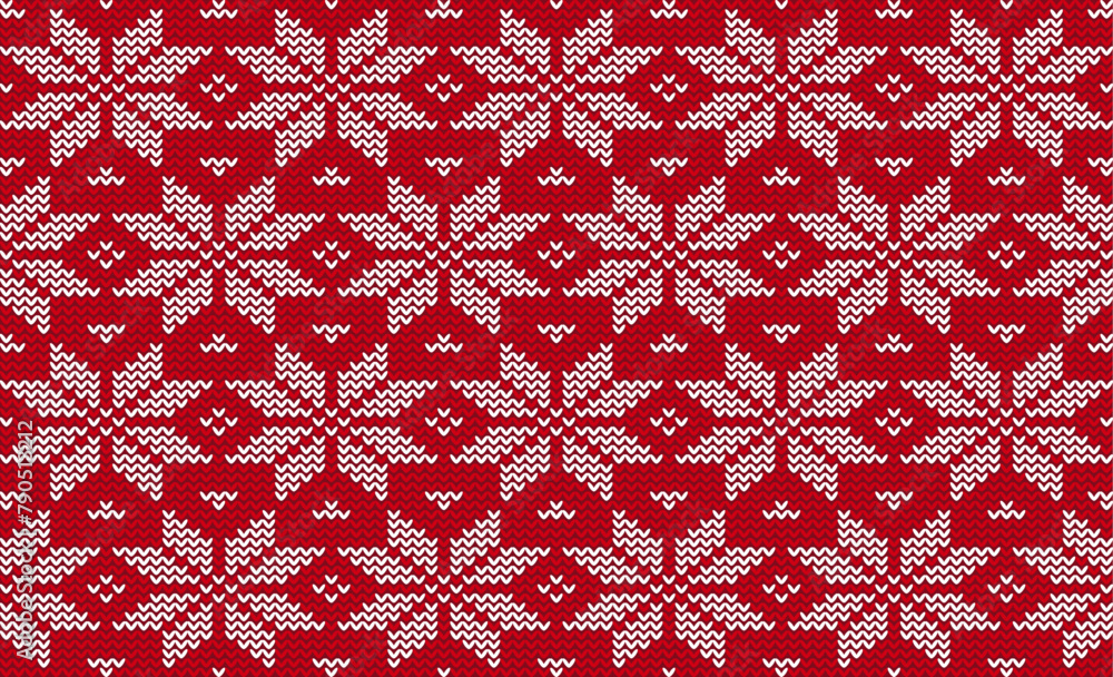 Vector Flower Knitted Pattern Red And White, Festive Sweater Design. Seamless Knitted Pattern - obrazy, fototapety, plakaty 