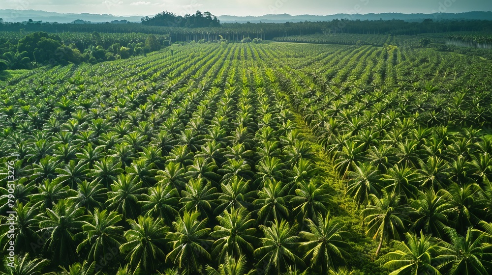 aerial view panorama of a vast oil palm plantation, emphasizing the orderly patterns of the palm trees and the contrast between the lush green of the palm leaves and the surrounding terrain. aerial view panorama of a vast oil palm plantation, emphasizing the orderly patterns of the palm trees and the contrast between the lush green of the palm leaves and the surrounding terrain.