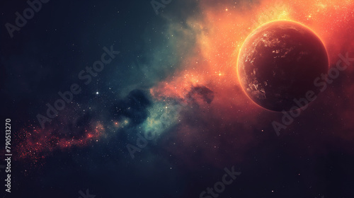 A fiery planet with a glowing atmosphere is in the foreground with a colorful nebula and stars in the background