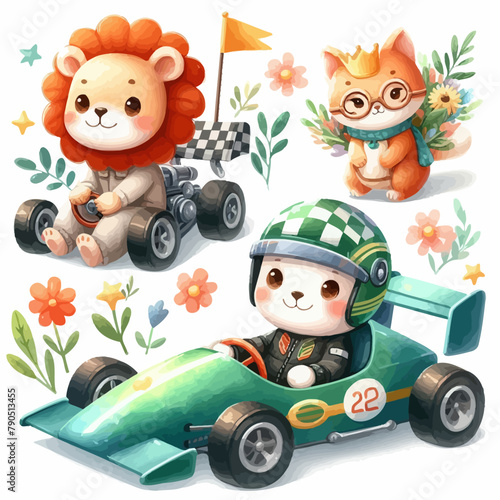 Animal Racer Clipart Bundle  Race Car PNG  Racing Clip Art  Kids Clipart  Cute Baby Animals  Boy Nursery