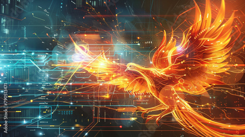 A digital phoenix rising from the ashes of outdated technology, symbolizing the rebirth and evolution of communication networks.