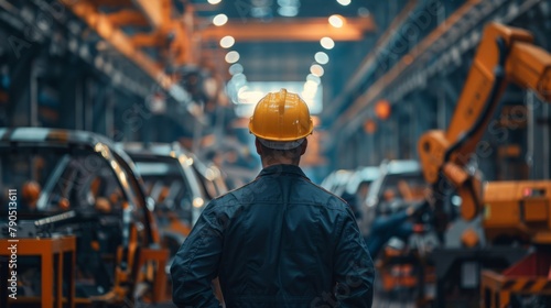 A man in a hard hat standing in a factory looking at the production line. photo