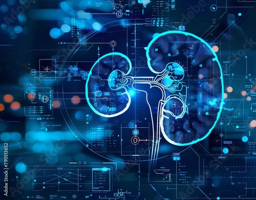 kidney testing results on digital interface on laboratory or surgical background, innovative technology in science and medicine concept. medical technology