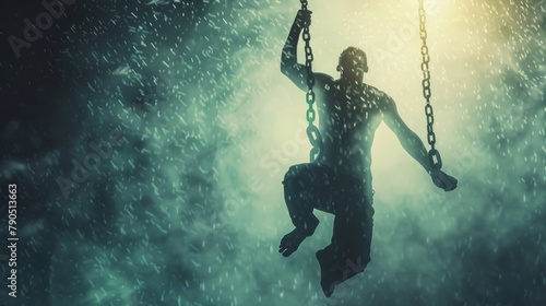 A man is hanging from chains in the rain. photo