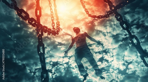 A man is suspended in mid-air by chains. photo