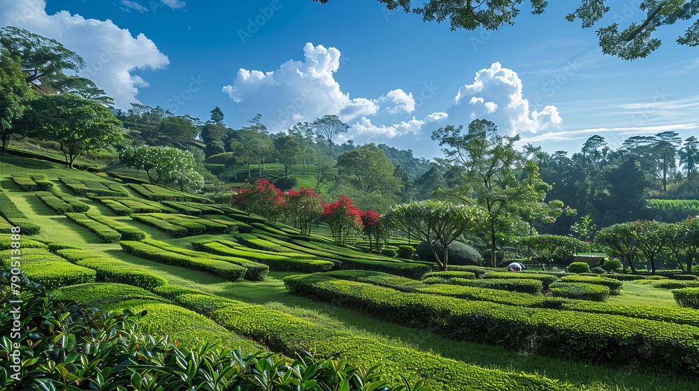 tea garden with bright blue sky tea garden with bright blue sky