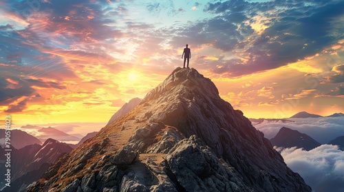 A man stands on top of a mountain and looks at the sunset. photo