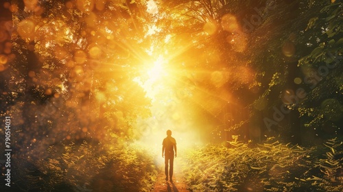 A man walking down a forest path towards a bright light. photo