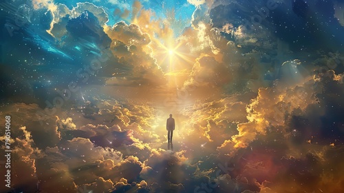 A man walking through the clouds towards a bright light. photo
