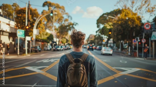 A man with a backpack is standing in the middle of a busy city street, looking at the traffic.