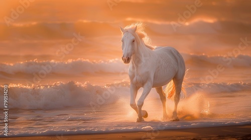 Majestic White Horse Galloping on Beach with Waves at Sunrise © AnimalAI