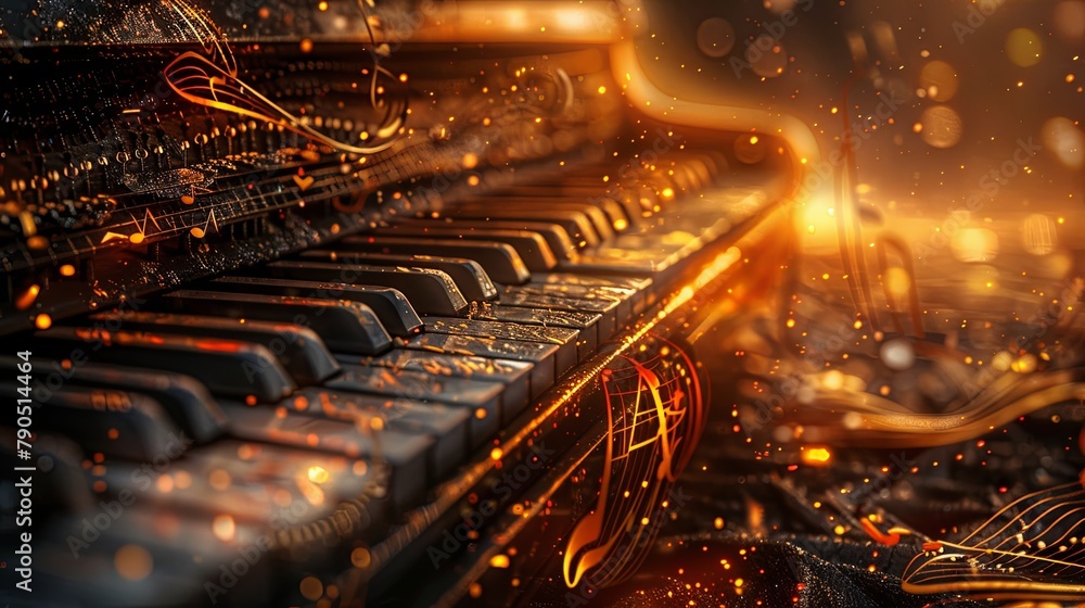 A piano with glowing orange and yellow keys.