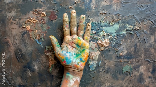 A photo of a person's hand covered in colorful paint. photo