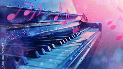 A piano with blue and pink lights and musical notes. photo