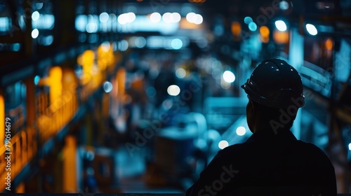 A silhouette of an industrial worker wearing a hard hat looking out over a plant at night. photo