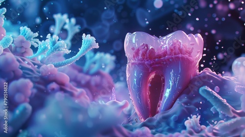 A tooth floating in a surreal dreamscape with colorful abstract shapes and bubbles.