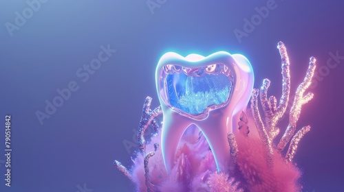 A tooth with a glowing blue cavity surrounded by pink and purple coral. photo