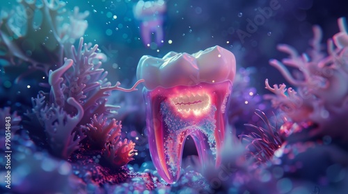 A tooth surrounded by coral and bubbles in the deep sea. photo