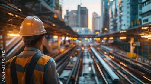 A track worker is standing on a railway track, looking at the city in the distance.