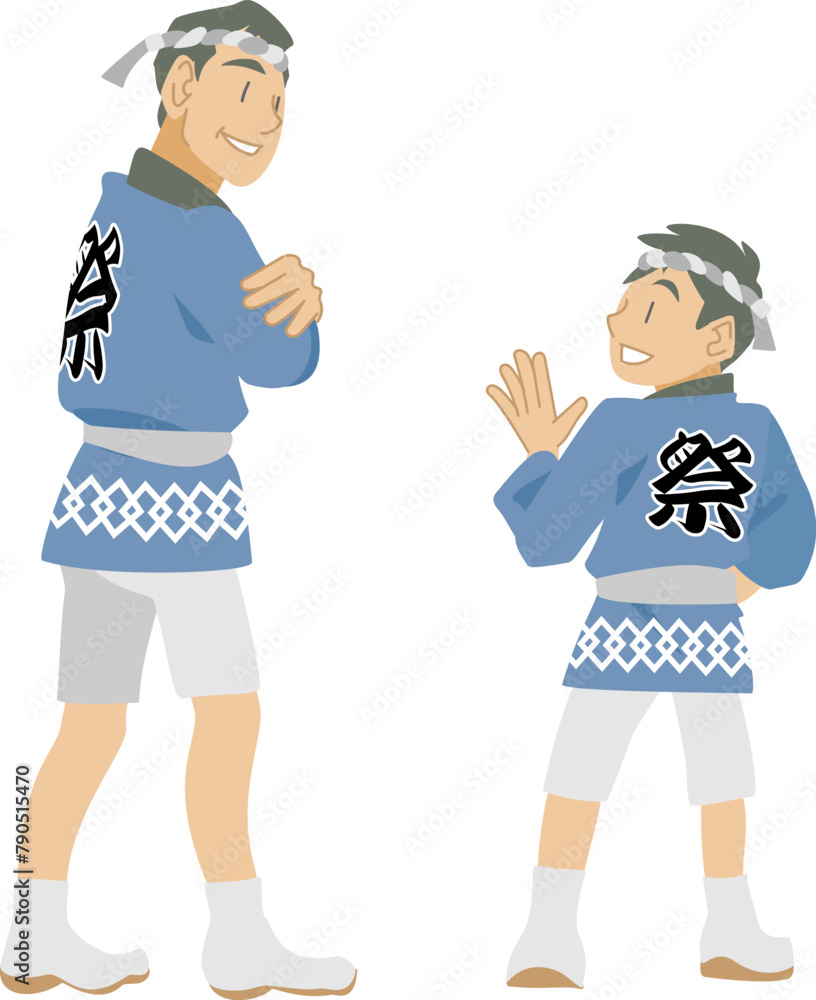 法被を着て祭りに参加する親子のイラスト 法被を着て祭りに参加する親子のイラスト