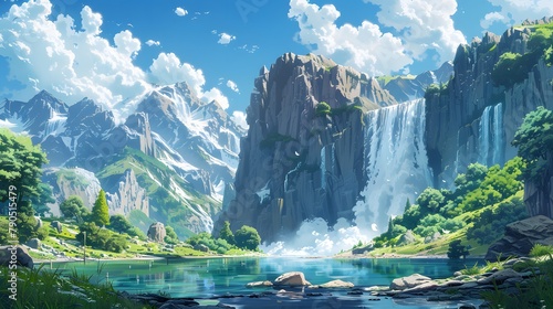 Picturesque illustration of a waterfall plunging from a towering precipice in Japanese anime concept, enveloped by drifting clouds and vibrant blue skies photo