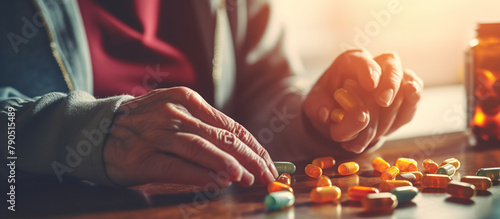 Close up mature woman taking out pills photo