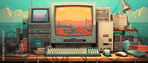 Brightly colored illustration of a vintage desktop computer setup, complete with a CRT monitor and floppy disks, ideal for a nostalgic technology theme