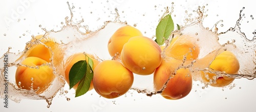 Five peach fruits falling into water with leaves