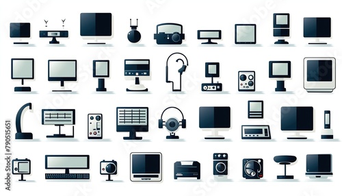 Series of minimalist computer and accessory icons in a flat design style, including a keyboard, mouse, printer, and webcam, versatile for all types of digital applications