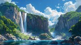 Captivating illustration of a cascading waterfall flowing from a high cliff in Japanese anime theme, under the canopy of drifting clouds and clear blue skies