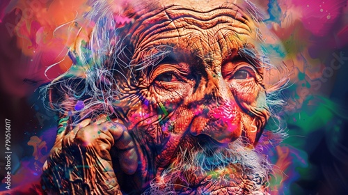 a striking popup poster showcasing the character of an elderly man through vibrant digital art. Captivate with colorful tones and intricate details © growth.ai