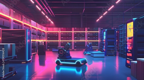 a smart warehouse featuring transporter robots and a holographic dashboard. Keep the design minimalist with ample text copy space