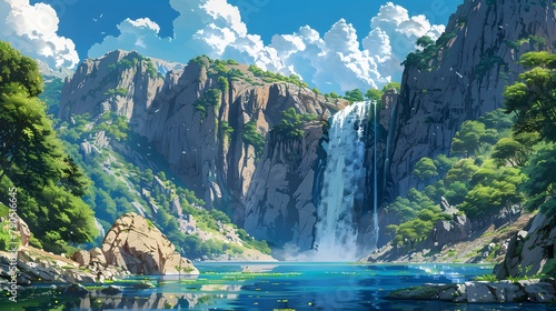 Breathtaking portrayal of a cascading waterfall flowing from a steep cliff in Japanese anime style, against the backdrop of fluffy clouds and azure skies photo