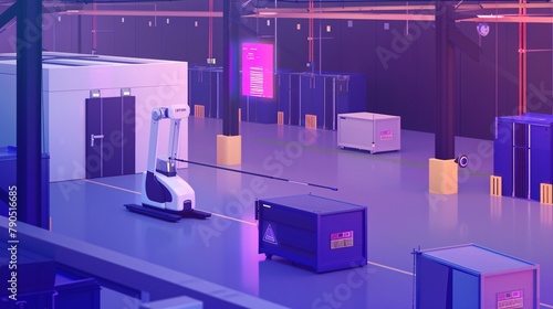 a smart warehouse featuring transporter robots and a holographic dashboard. Keep the design minimalist with ample text copy space
