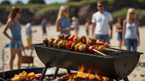 Wallpaper Mural Summer bbq concept image with skewers on a hot barbecue on the beach with people in background.generative.ai  Torontodigital.ca