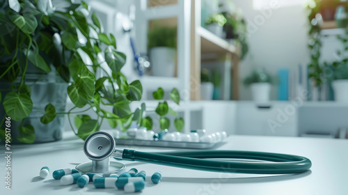 Stethoscope among green pills with plant life in the background, ai generated