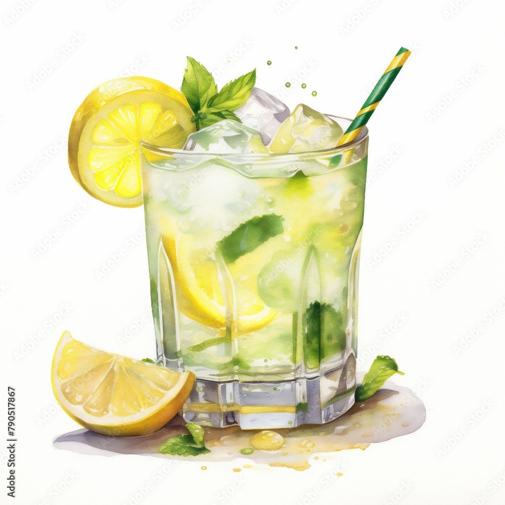 Fototapeta premium Cocktail Day with Lemon, Ice, and Mint Leaves. Hand Drawn Coctail Day Sketch on White Background.