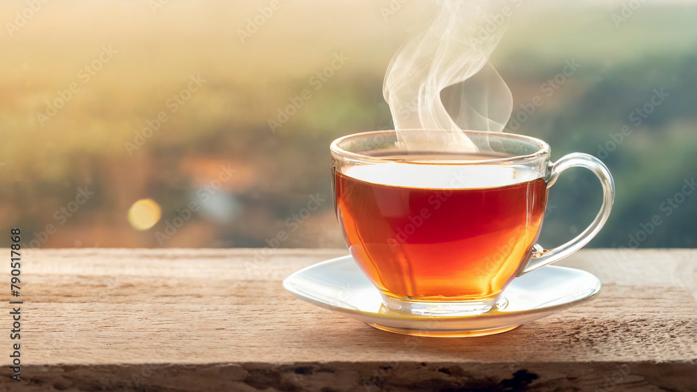 Cup of tea on wooden table with mountain background. Panoramic view Cup of tea on wooden table with mountain background. Panoramic view