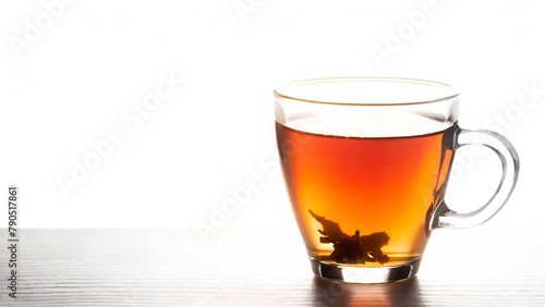  cup of tea on a wooden table on a white background.