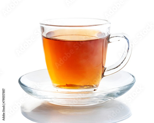 Cup of tea isolated on white background with reflection and copy space