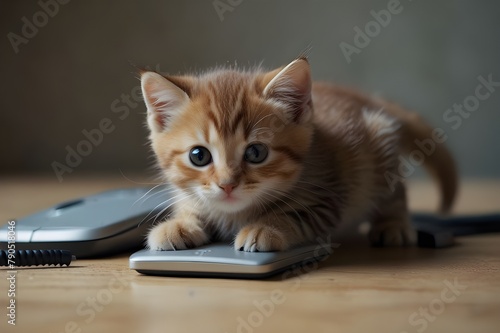 A playful kitten batting at a computer mouse on a desk 