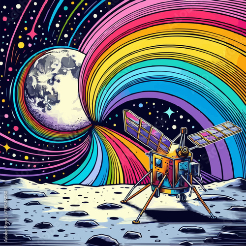 Space probe on the lunar surface. Abstract drawing on the theme of space research. Lunar rainbow, science fiction. EPS version.