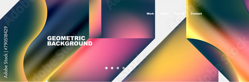 A geometric background featuring rectangles, triangles, and symmetry in a rainbow of colors including magenta and electric blue. Displayed on a screen using composite materials with tints and shades