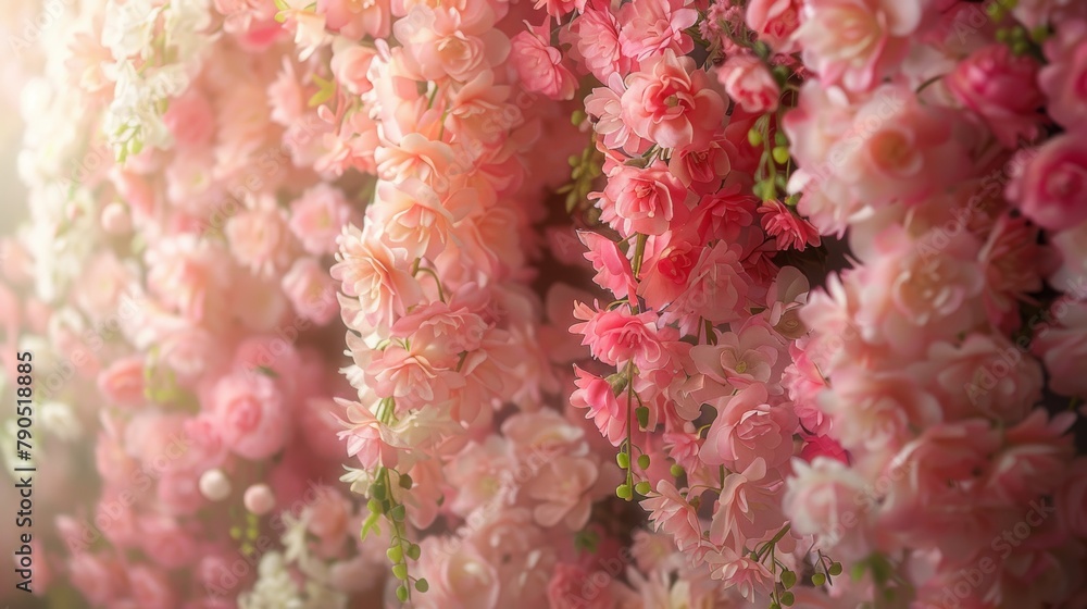 Soft light filters through a curtain of cascading pink flowers, creating an ethereal and enchanting floral backdrop.
