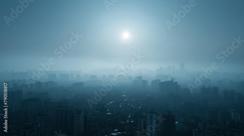 The sun appears as a faint orb through the heavy smog covering the skyline of a densely populated city.