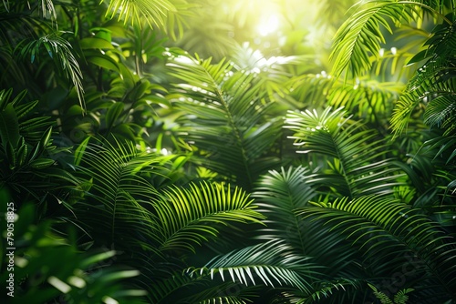 The dappled sunlight filters through the dense foliage of tropical palm leaves, creating a vibrant and dynamic interplay of light and shadow.