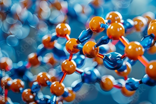 A vividly colored molecular structure model featuring orange atoms linked by blue bonds, set against a bokeh background.