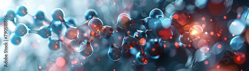 A panoramic view of a shimmering and complex molecular structure with bokeh effect, illustrating scientific and medical concepts.