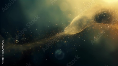 Against a background of deep blue and green hues blending hazily together, shimmering golden particles dance and swirl, evoking a fantastical and mysterious atmosphere reminiscent of a scene photo