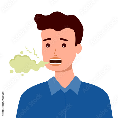 Man with bad breath in flat design on white background. Smelly mouth concept vector illustration.